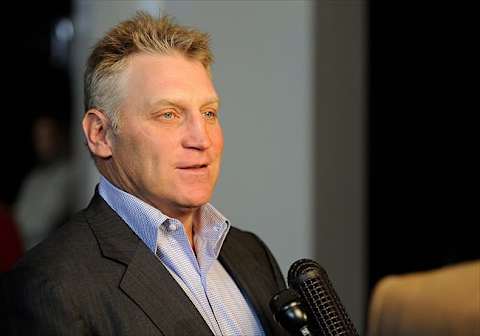 Nov 21, 2011; Dallas, TX, USA; Dallas Stars former player Brett Hull answers questions during a press conference introducing new owner Tom Gaglardi (not pictured) at the American Airlines Center. Mandatory Credit: Jerome Miron-USA TODAY Sports