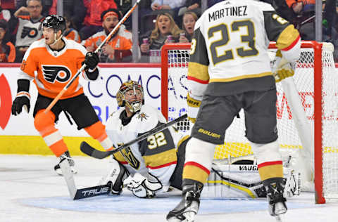 Mar 14, 2023; Philadelphia, Pennsylvania, USA; Vegas Golden Knights goaltender Jonathan Quick (32) reacts after allowing goal by Philadelphia Flyers defenseman Travis Sanheim (6) (not pictured) during the second period at Wells Fargo Center. Mandatory Credit: Eric Hartline-USA TODAY Sports