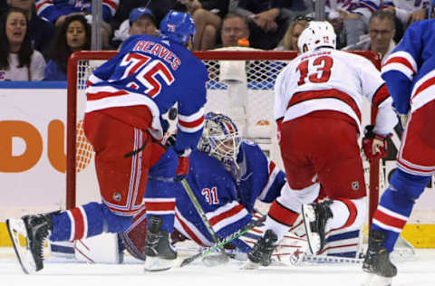 NEW YORK, NEW YORK – MAY 22: Igor Shesterkin #31 of the New York Rangers skates against the Carolina Hurricanes in Game Three of the Second Round of the 2022 Stanley Cup Playoffs at Madison Square Garden on May 22, 2022, in New York City. (Photo by Bruce Bennett/Getty Images)