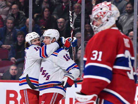 MONTREAL, QC – FEBRUARY 27: Ryan Strome #16 of the New York Rangers celebrates his goal with teammate Artemi Panarin #10 against the Montreal Canadiens during the third period at the Bell Centre on February 27, 2020 in Montreal, Canada. The New York Rangers defeated the Montreal Canadiens 5-2. (Photo by Minas Panagiotakis/Getty Images)