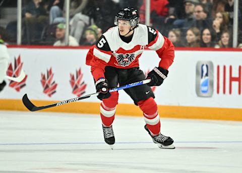 David Reinbacher #5 of Team Austria at the 2023 IIHF World Junior Championship (Photo by Minas Panagiotakis/Getty Images)