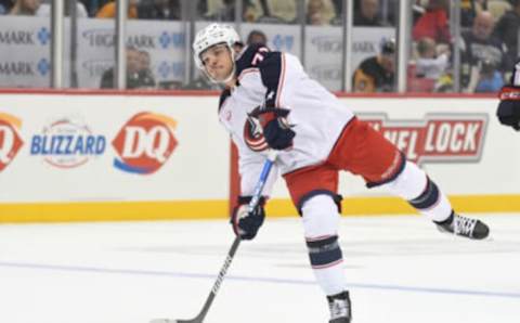 Sep 25, 2022; Pittsburgh, Pennsylvania, USA; The Columbus Blue Jackets Nick Blankenburg (77) scores against then Pittsburgh Penguins during the second period at PPG Paints Arena. Mandatory Credit: Philip G. Pavely-USA TODAY Sports