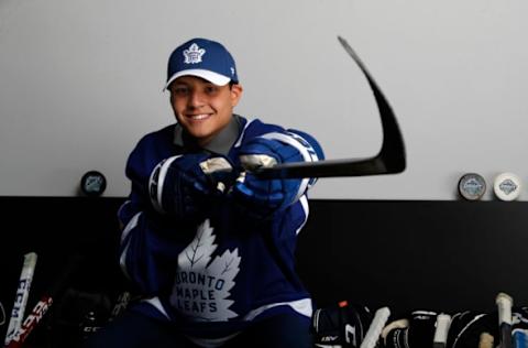 VANCOUVER, BRITISH COLUMBIA – JUNE 22: Nicholas Robertson poses after being selected 53rd overall by the Toronto Maple Leafs during the 2019 NHL Draft at Rogers Arena on June 22, 2019 in Vancouver, Canada. (Photo by Kevin Light/Getty Images)