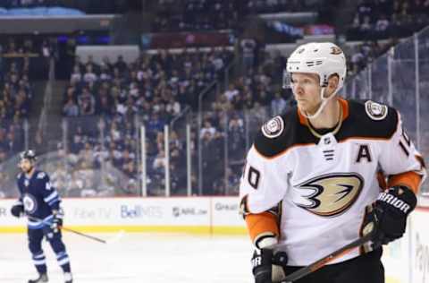 WINNIPEG, MB – MARCH 23: Corey Perry #10 of the Anaheim Ducks keeps an eye on the play during the first-period action against the Winnipeg Jets at the Bell MTS Place on March 23, 2018, in Winnipeg, Manitoba, Canada. The Jets defeated the Ducks 3-2 in overtime. (Photo by Darcy Finley/NHLI via Getty Images)