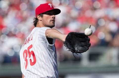 Apr 6, 2015; Philadelphia, PA, USA; Philadelphia Phillies starting pitcher Hamels (35) receives the ball to start fourth inning against the Boston Red Sox at Citizens bank Park on Opening Day. Mandatory Credit: Bill Streicher-USA TODAY Sports