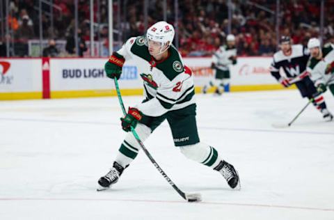 WASHINGTON, DC – APRIL 03: Kevin Fiala #22 of the Minnesota Wild shoots the puck against the Washington Capitals during the third period of the game at Capital One Arena on April 3, 2022 in Washington, DC. (Photo by Scott Taetsch/Getty Images)