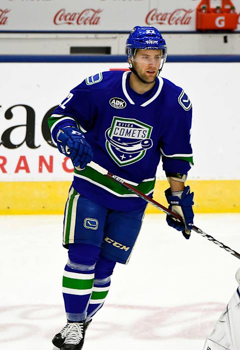 TORONTO, ON – OCTOBER 14: Jonah Gadjovich #22 of the Utica Comets skates in warmup prior to a game against the Toronto Marlies during AHL game action on October 14, 2018 at Coca-Cola Coliseum in Toronto, Ontario, Canada. (Photo by Graig Abel/Getty Images)