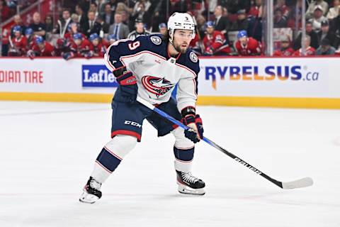 MONTREAL, CANADA – OCTOBER 26: Ivan Provorov #9 of the Columbus Blue Jackets skates during the first period against the Montreal Canadiens at the Bell Centre on October 26, 2023 in Montreal, Quebec, Canada. The Montreal Canadiens defeated the Columbus Blue Jackets 4-3 in overtime. (Photo by Minas Panagiotakis/Getty Images)