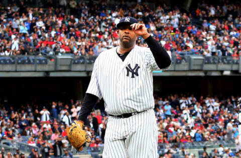 Apr 15, 2017; Bronx, NY, USA; New York Yankees starting pitcher CC Sabathia tips hat to to fans after being taked out of the game against the St. Louis Cardinals during the eighth inning at Yankee Stadium. The Yankees won 3-2. Mandatory Credit: Andy Marlin-USA TODAY Sports