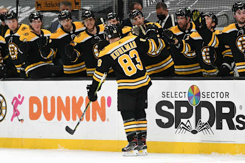 Apr 5, 2021; Boston, Massachusetts, USA; Boston Bruins right wing Karson Kuhlman (83) celebrates with his teammates after scoring against the Philadelphia Flyers during the first period at the TD Garden. Mandatory Credit: Brian Fluharty-USA TODAY Sports