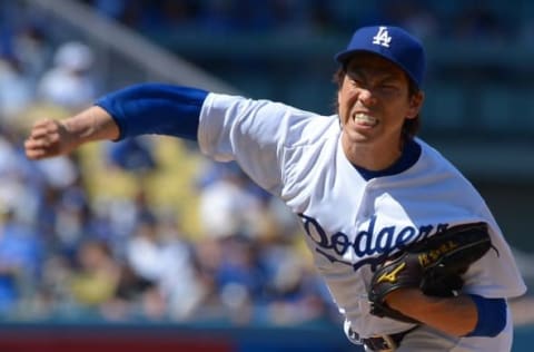 Apr 12, 2016; Los Angeles, CA, USA; Los Angeles Dodgers starting pitcher Kenta Maeda (18) in the sixth inning of the game Arizona Diamondbacks at Dodger Stadium. Mandatory Credit: Jayne Kamin-Oncea-USA TODAY Sports