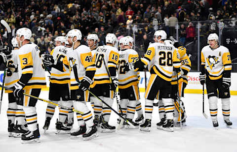 LAS VEGAS, NEVADA – JANUARY 07: The Pittsburgh Penguins celebrate after defeating the Vegas Golden Knights at T-Mobile Arena on January 07, 2020 in Las Vegas, Nevada. (Photo by Jeff Bottari/NHLI via Getty Images)