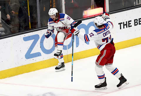 Artemi Panarin #10 of the New York Rangers and Filip Chytil #72 celebrate