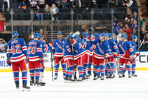 NEW YORK, NY – OCTOBER 24: The New York Rangers celebrate after defeating the Buffalo Sabres 6-2 at Madison Square Garden on October 24, 2019 in New York City. (Photo by Jared Silber/NHLI via Getty Images)