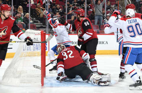 GLENDALE, ARIZONA – OCTOBER 30: Brendan Gallagher #11 of the Montreal Canadiens celebrates after slipping the puck past goalie Antti Raanta #32 of the Arizona Coyotes for a goal during the first period at Gila River Arena on October 30, 2019 in Glendale, Arizona. Gallagher was playing in his 500th career NHL game. (Photo by Norm Hall/NHLI via Getty Images)