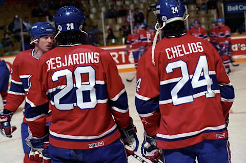 TORONTO, ON – DECEMBER 9: Eric Desjardins #28 and Chris Chelios #24 of the Montreal Canadiens skate against the Toronto Maple Leafs during NHL game action on December 9, 1989 at Maple Leaf Gardens in Toronto, Ontario, Canada. (Photo by Graig Abel/Getty Images)