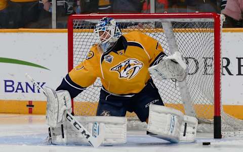 NASHVILLE, TN – NOVEMBER 28: In his first career NHL game goalie Juuse Saros #1 of the Nashville Predators warms up prior to the game against the Buffalo Sabres period at Bridgestone Arena on November 28, 2015 in Nashville, Tennessee. (Photo by Frederick Breedon/Getty Images)