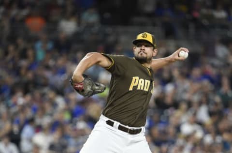 SAN DIEGO, CA – JULY 13: Brad Hand #52 of the San Diego Padres pitches during a baseball game against the Chicago Cubs at PETCO Park on July 13, 2018 in San Diego, California. (Photo by Denis Poroy/Getty Images)