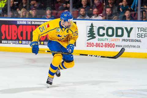 KELOWNA, BC – DECEMBER 18: Philip Broberg #25 of Team Sweden skates against Team Russia at Prospera Place on December 18, 2018 in Kelowna, Canada. (Photo by Marissa Baecker/Getty Images)