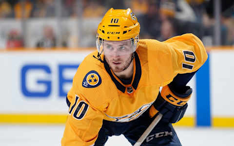 NASHVILLE, TN – FEBRUARY 25: Colton Sissons #10 of the Nashville Predators skates against the Edmonton Oilers at Bridgestone Arena on February 25, 2019 in Nashville, Tennessee. (Photo by John Russell/NHLI via Getty Images)