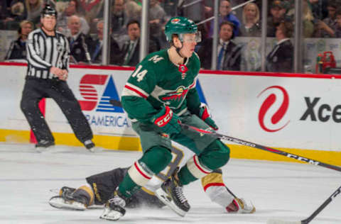 ST. PAUL, MN – FEBRUARY 2: Joel Eriksson Ek #14 of the Minnesota Wild skates against the Vegas Golden Knights during the game at the Xcel Energy Center on February 2, 2018 in St. Paul, Minnesota. (Photo by Bruce Kluckhohn/NHLI via Getty Images)