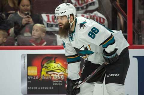 NHL Players: San Jose Sharks defenseman Brent Burns warms up prior to the start of game against the Ottawa Senators at the Canadian Tire Centre. The Sharks defeated the Senators 4-3 in a shootout. Mandatory Credit: Marc DesRosiers-USA TODAY Sports