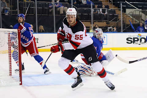 Mason Geertsen #55 of the New Jersey Devils (Photo by Bruce Bennett/Getty Images)