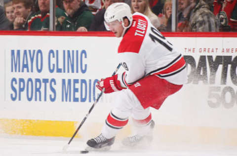 ST. PAUL, MN – FEBRUARY 14: Jiri Tlusty #19 of the Carolina Hurricanes handles the puck against the Minnesota Wild during the game on February 14, 2015 at the Xcel Energy Center in St. Paul, Minnesota. (Photo by Bruce Kluckhohn/NHLI via Getty Images)