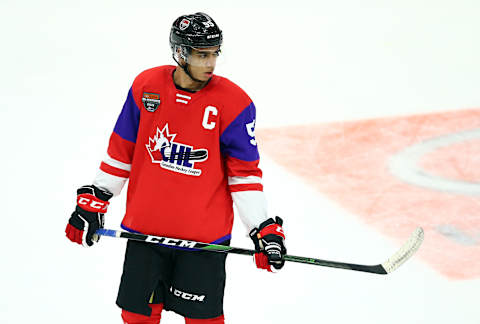 HAMILTON, ON – JANUARY 16: Quinton Byfield #55 of Team Red skates during the 2020 CHL/NHL Top Prospects Game against Team White at FirstOntario Centre on January 16, 2020 in Hamilton, Canada. (Photo by Vaughn Ridley/Getty Images)