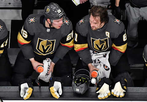 LAS VEGAS, NEVADA – JANUARY 07: Paul Stastny #26 and Mark Stone #61 of the Vegas Golden Knights talk on the bench during the second period of a game against the Pittsburgh Penguins at T-Mobile Arena on January 07, 2020 in Las Vegas, Nevada. (Photo by Jeff Bottari/NHLI via Getty Images)