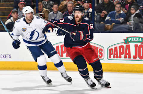 COLUMBUS, OH – DECEMBER 31: David Savard #58 of the Columbus Blue Jackets skates against the Tampa Bay Lightning on December 31, 2017 at Nationwide Arena in Columbus, Ohio. (Photo by Jamie Sabau/NHLI via Getty Images)