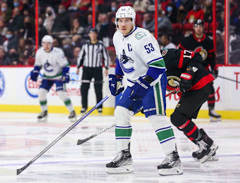 OTTAWA, ONTARIO – DECEMBER 01: Bo Horvat #53 of the Vancouver Canucks skates against the Ottawa Senators at Canadian Tire Centre on December 01, 2021 in Ottawa, Ontario. (Photo by Chris Tanouye/Getty Images)