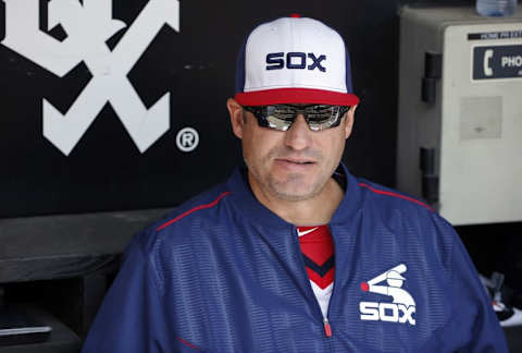 Apr 24, 2016; Chicago, IL, USA; Chicago White Sox manager Robin Ventura (23) sits in the dugout before the MLB game against the Texas Rangers at U.S. Cellular Field. Mandatory Credit: Kamil Krzaczynski-USA TODAY Sports