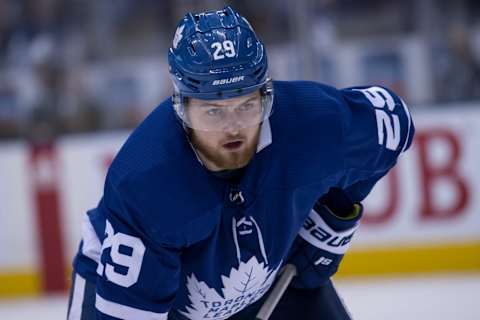 TORONTO, ON – APRIL 21: Toronto Maple Leafs Right Wing William Nylander (29) reacts during Game 6 of the First Round Stanley Cup Playoffs series between the Boston Bruins and the Toronto Maple Leafs on April 21, 2019, at Scotiabank Arena in Toronto, ON. (Photo by Julian Avram/Icon Sportswire via Getty Images)