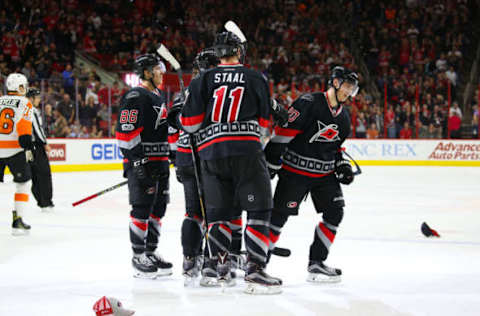 Vegas Golden Knights: Carolina Hurricanes forward Sebastian Aho (20) celebrates his hat trick goal against the Philadelphia Flyers second period at PNC Arena. The Hurricanes defeated the Flyers 5-1. Mandatory Credit: James Guillory-USA TODAY Sports