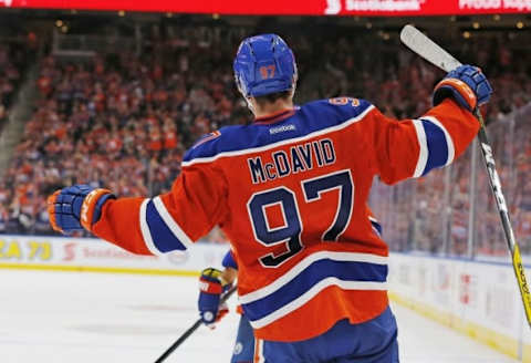 Oct 12, 2016; Edmonton, Alberta, CAN; Edmonton Oilers forward Connor McDavid (97) celebrates a second period gaol against the Calgary Flames at Rogers Place. Mandatory Credit: Perry Nelson-USA TODAY Sports