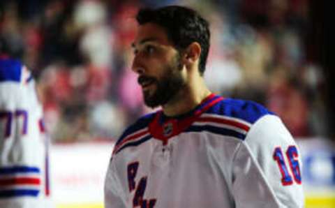 RALEIGH, NC – MARCH 23: Vincent Trocheck #16 of the New York Rangers looks on before the first period of the game against the Carolina Hurricanes at PNC Arena on March 23, 2023, in Raleigh, North Carolina. Rangers win over Hurricanes 2-1. (Photo by Jaylynn Nash/Getty Images)