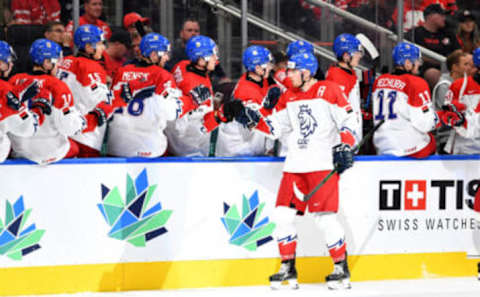 EDMONTON, AB – AUGUST 19: David Jiricek #5 of Czechia celebrates after a goal during the game against Canada in the IIHF World Junior Championship on August 19, 2022 at Rogers Place in Edmonton, Alberta, Canada (Photo by Andy Devlin/ Getty Images)