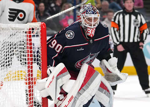 COLUMBUS, OHIO – OCTOBER 12: Elvis Merzlikins #90 of the Columbus Blue Jackets tends net during the third period against the Philadelphia Flyers at Nationwide Arena on October 12, 2023 in Columbus, Ohio. (Photo by Jason Mowry/Getty Images)