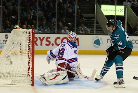 Tomas Hertl #48 of the San Jose Sharks gets his shot past goalkeeper Martin Girardi #43 of the New York Rangers (Photo by Thearon W. Henderson/Getty Images)