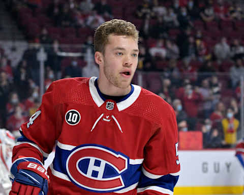 April 24, 2022; Montreal, Quebec, CAN; Montreal Canadiens defenseman Jordan Harris. Mandatory Credit: Eric Bolte-USA TODAY Sports