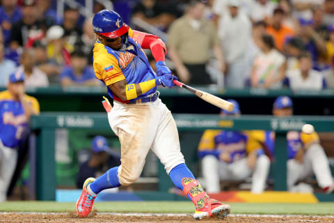 Ronald Acuña Jr. of Team Venezuela at bat against Team Nicaragua during eighth inning in a World Baseball Classic. (Photo by Megan Briggs/Getty Images)