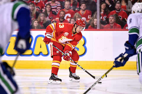 CALGARY, AB – OCTOBER 05: Calgary Flames Left Wing Johnny Gaudreau (13) skates with the puck during the first period of an NHL game where the Calgary Flames hosted the Vancouver Canucks on October 5, 2019, at the Scotiabank Saddledome in Calgary, AB. (Photo by Brett Holmes/Icon Sportswire via Getty Images)