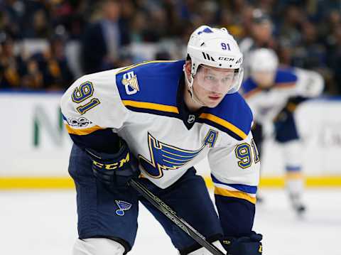 Feb 18, 2017; Buffalo, NY, USA; St. Louis Blues right wing Vladimir Tarasenko (91) against the Buffalo Sabres at KeyBank Center. Buffalo beats St. Louis 3 to 2. Mandatory Credit: Timothy T. Ludwig-USA TODAY Sports