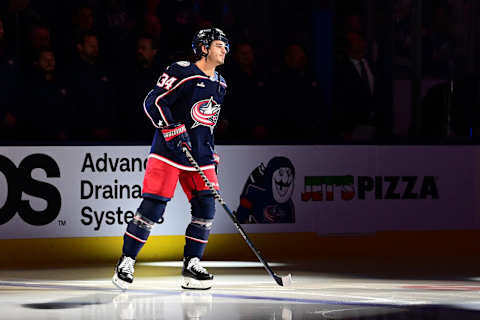 Cole Sillinger is introduced before a game against the Tampa Bay Lightning at Nationwide Arena. (Photo by Emilee Chinn/Getty Images)