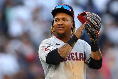 NEW YORK, NEW YORK – OCTOBER 14: Jose Ramirez #11 of the Cleveland Guardians celebrates defeating the New York Yankees 4-2 in ten innings in game two of the American League Division Series at Yankee Stadium on October 14, 2022 in New York, New York. (Photo by Elsa/Getty Images)