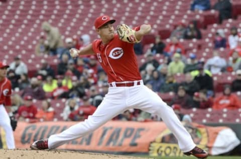 Apr 7, 2016; Cincinnati, OH, USA; Cincinnati Reds starting pitcher Robert Stephenson throws against the Philadelphia Phillies during the second inning at Great American Ball Park. Mandatory Credit: David Kohl-USA TODAY Sports