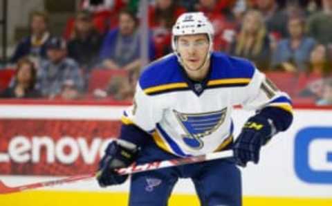 Feb 28, 2016; Raleigh, NC, USA; St. Louis Blues forward Ty Rattie (18) watches the play against the Carolina Hurricanes at PNC Arena. The St. Louis Blues defeated the Carolina Hurricanes 5-2. Mandatory Credit: James Guillory-USA TODAY Sports