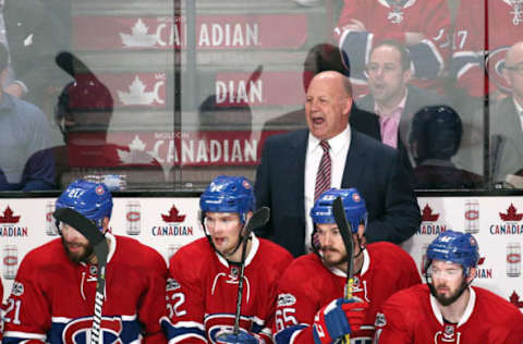 Apr 12, 2017; Montreal, Quebec, CAN; Montreal Canadiens head coach Claude Julien reacts during the third period against New York Rangers of game one of the first round of the 2017 Stanley Cup Playoffs at Bell Centre. Mandatory Credit: Jean-Yves Ahern-USA TODAY Sports