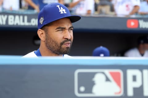 LOS ANGELES, CA – OCTOBER 26: Matt Kemmp #27 of the Los Angeles Dodgers looks on from the dugout prior to Game 3 of the 2018 World Series against the Boston Red Sox at Dodger Stadium on Friday, October 26, 2018 in Los Angeles, California. (Photo by Rob Tringali/MLB Photos via Getty Images)